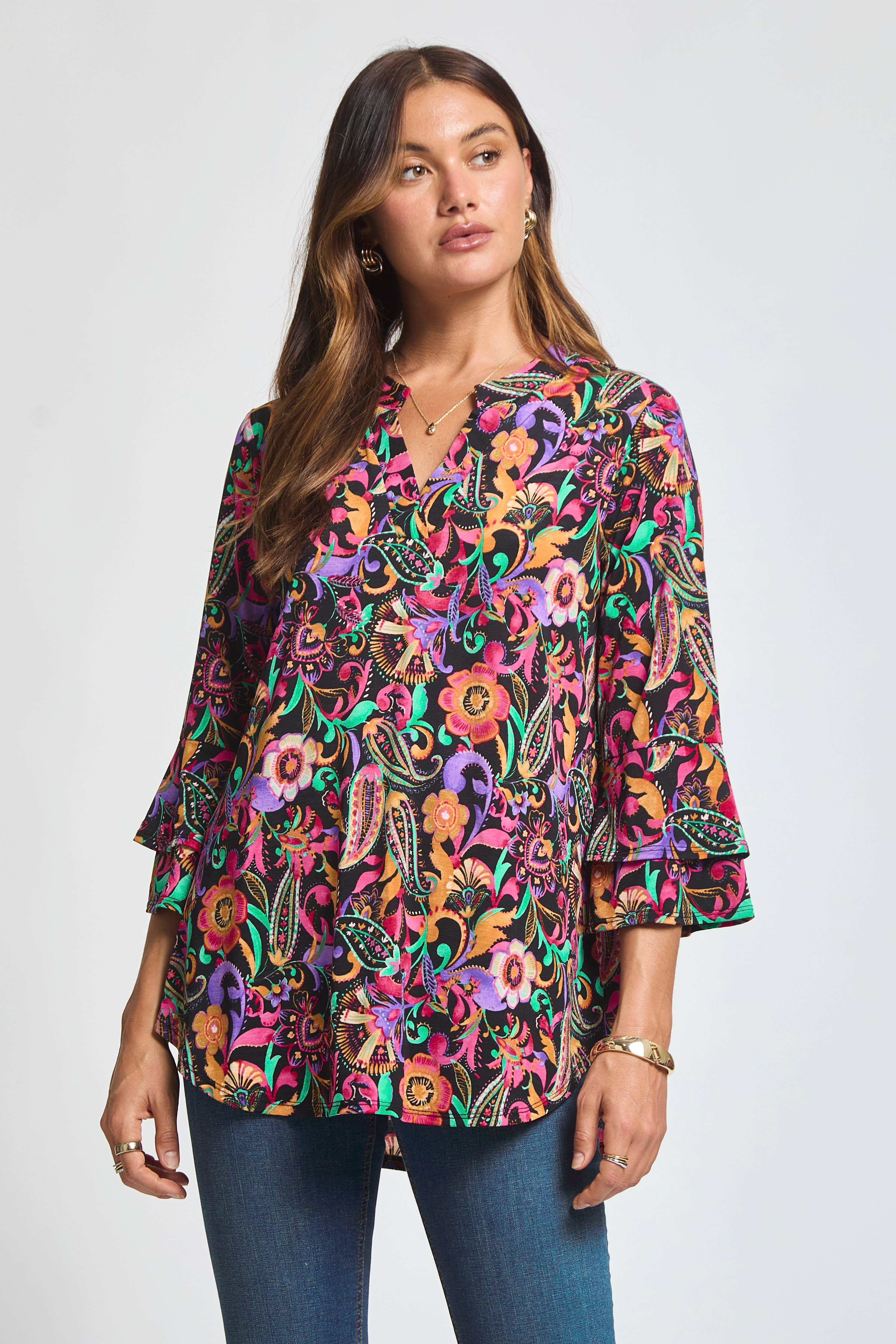 Colorful Bell Sleeved Lizzy Top: Black