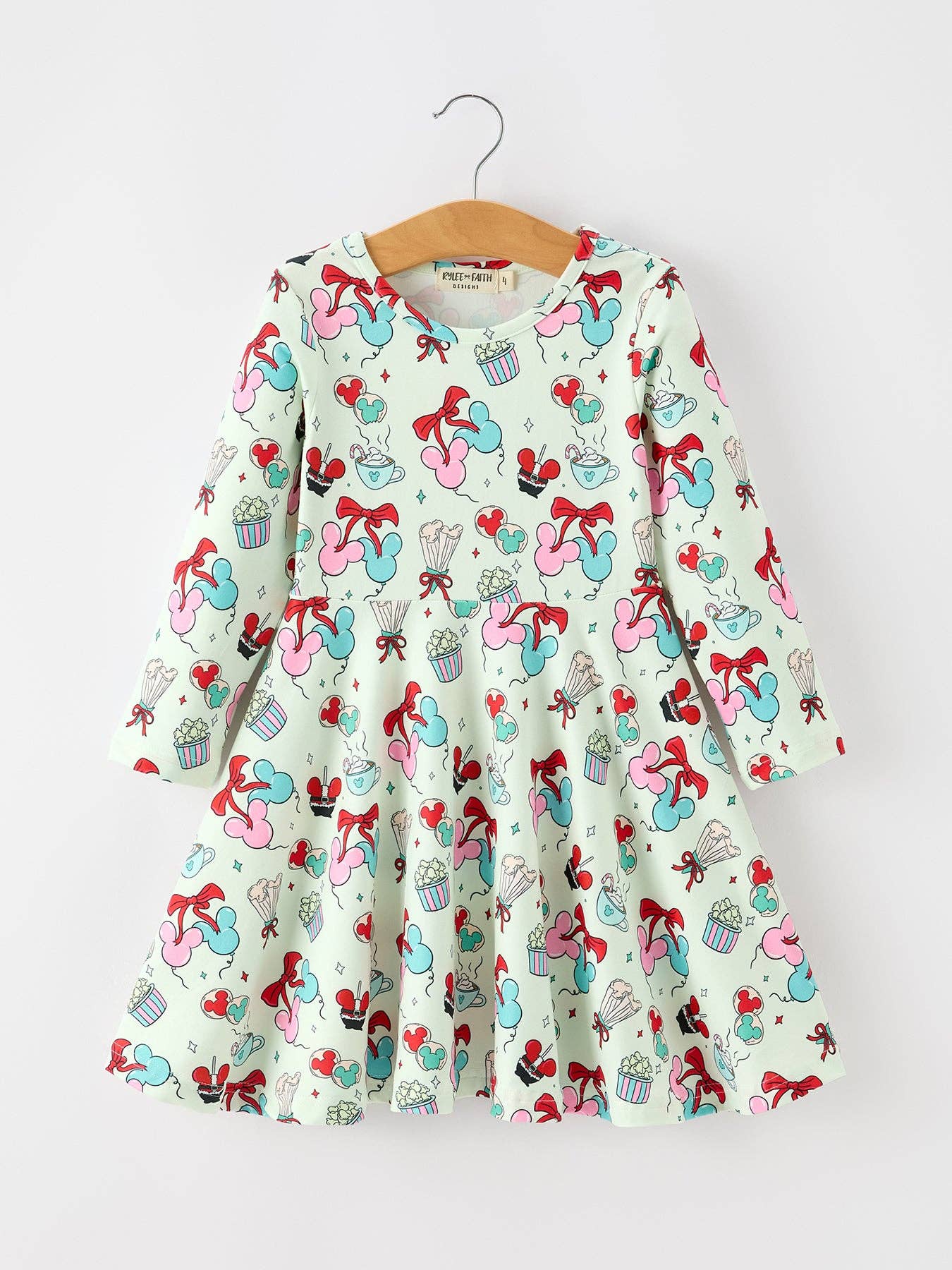 Disney Christmas Mint Party Treat Long Sleeve Twirl Dress