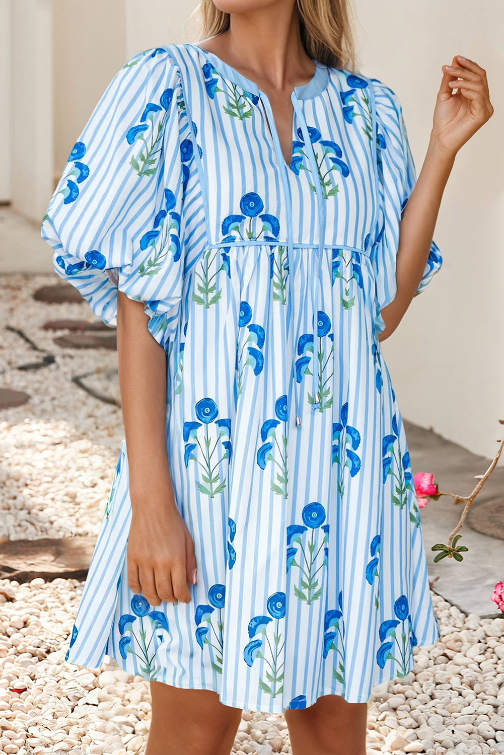 Floral Striped Puff Sleeve Flared Dress