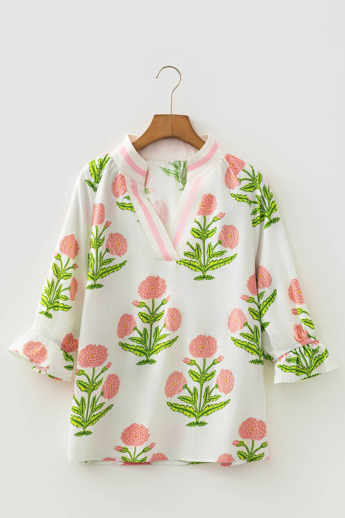 Spring Wild Flower Print V Neck 3/4 Sleeve Blouse, Pink