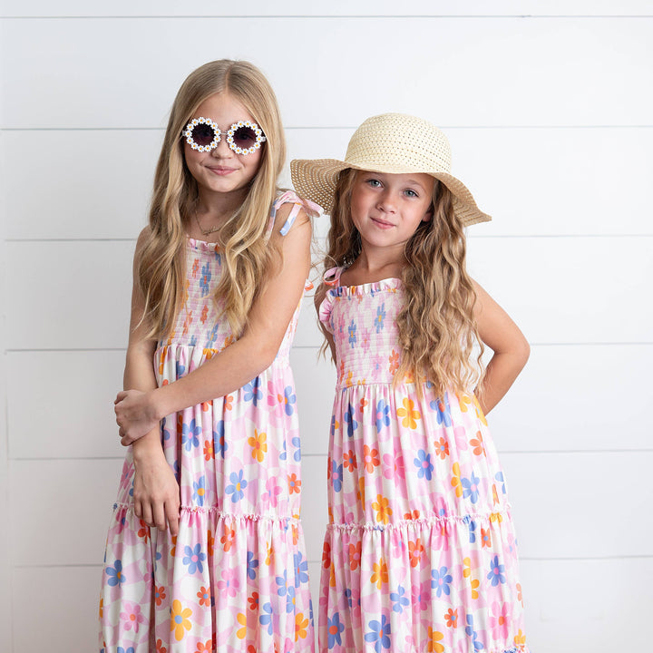 Girls Pink Retro Daisy Tiered Spring Summer Maxi Dress