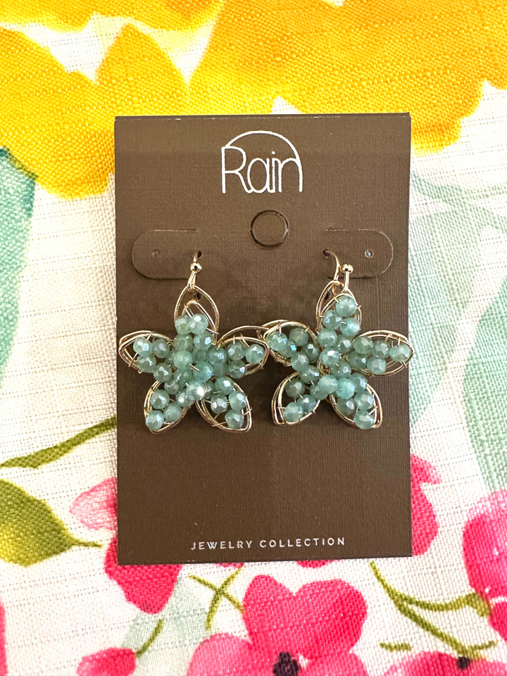 Rain Gold & Blue Beaded Flower Earrings