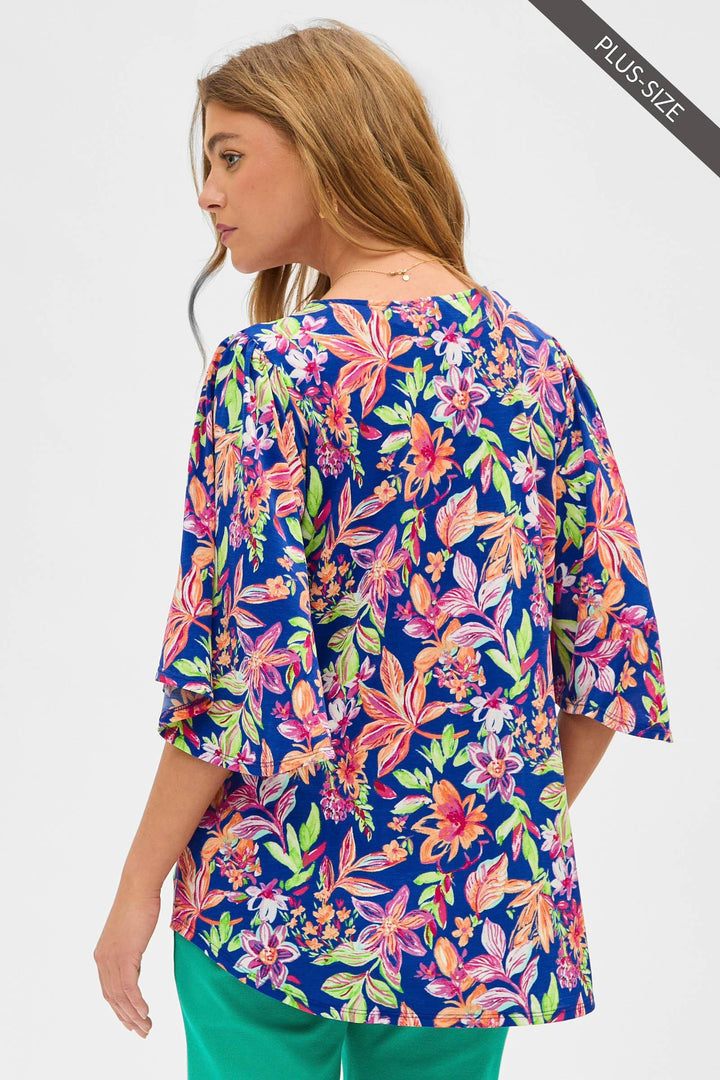 Floral Half Sleeve V Neck Top: ROYAL BLUE