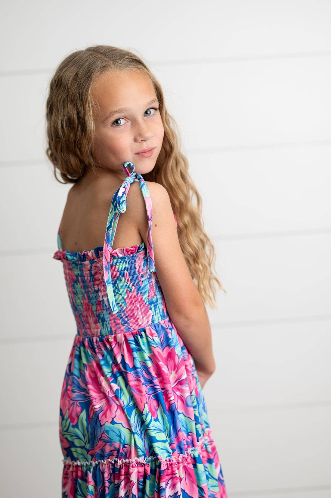 Girls Hot Pink Hawaiian Tropical Tiered Spring Maxi Dress