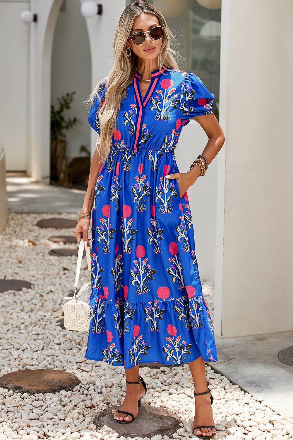 Floral Puff Short Sleeve V Neck High Waist Maxi Dress: Sky Blue