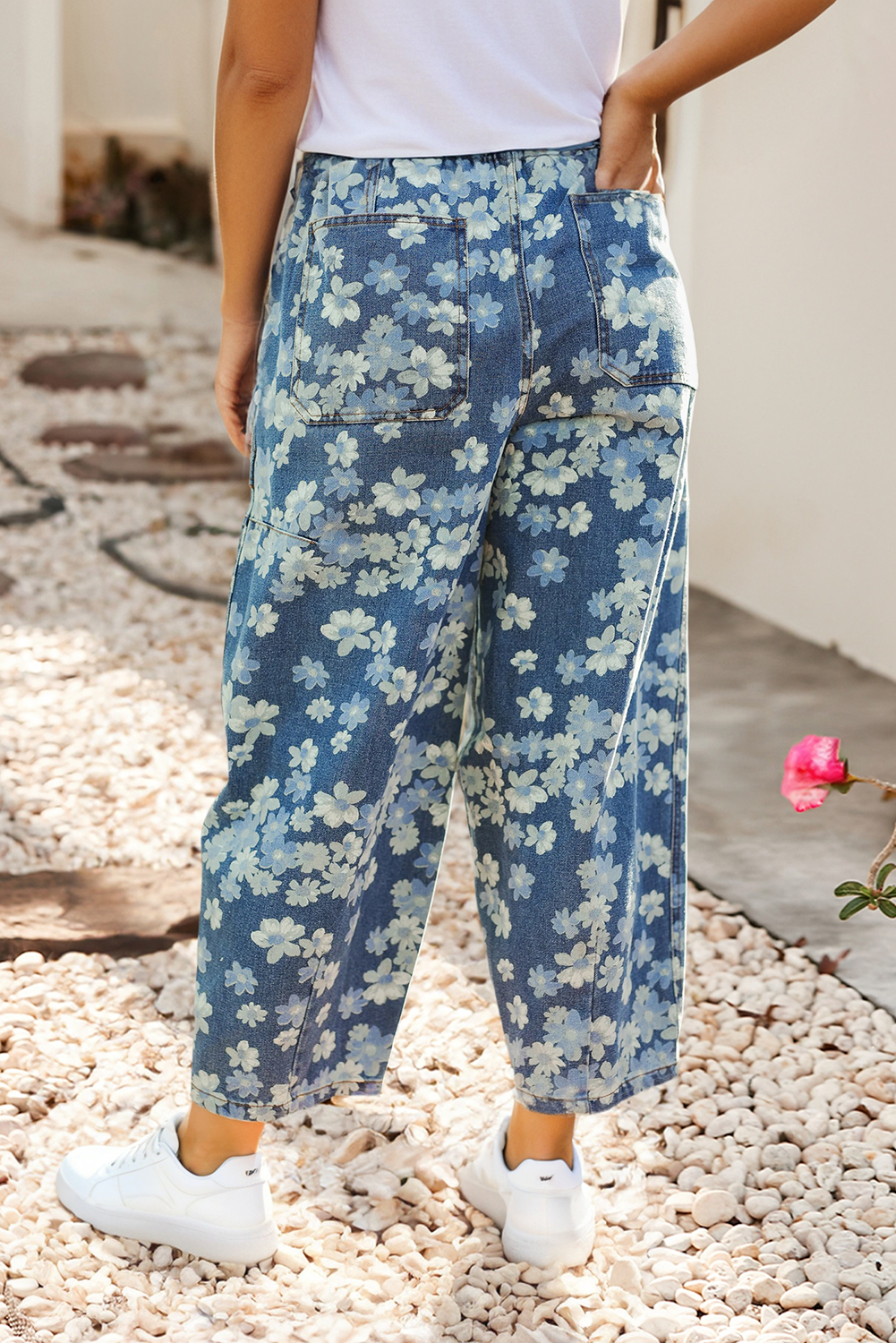 Floral Print Drawstring Barrel Jeans