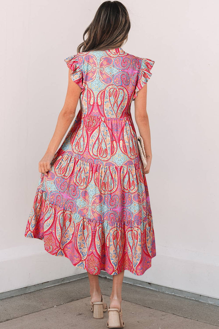 Tribal Paisley Print Ruffled Sleeve Notch Neck Dress