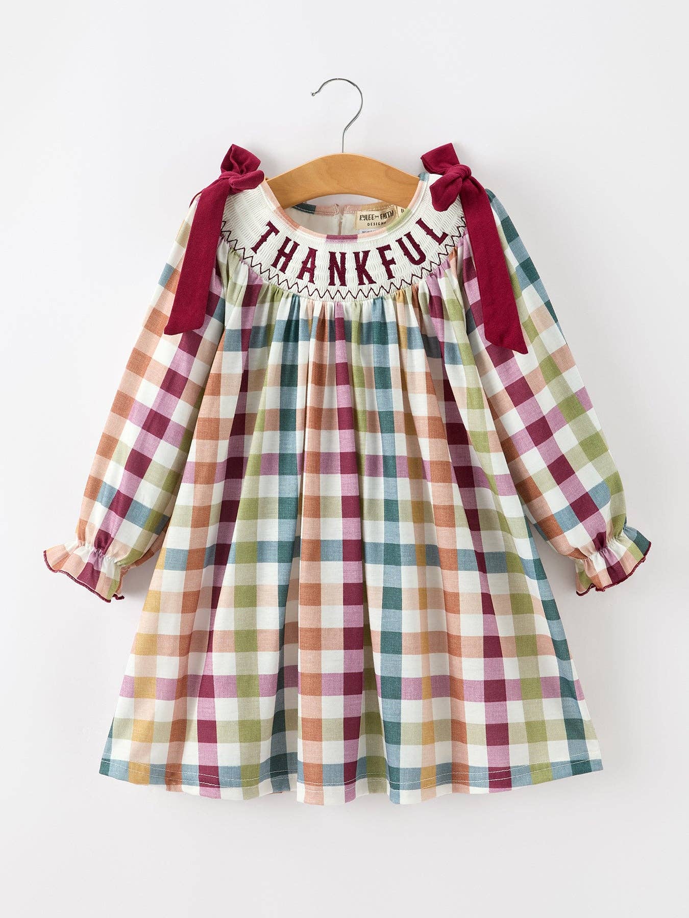 “THANKFUL” Embroidered Smocked Plaid Dress