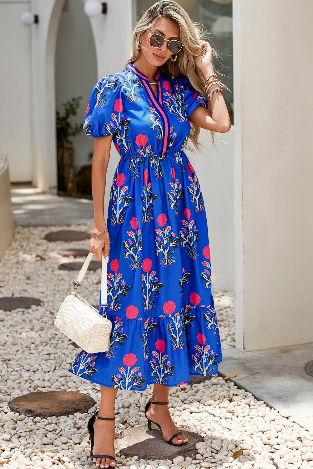 Floral Puff Short Sleeve V Neck High Waist Maxi Dress: Sky Blue