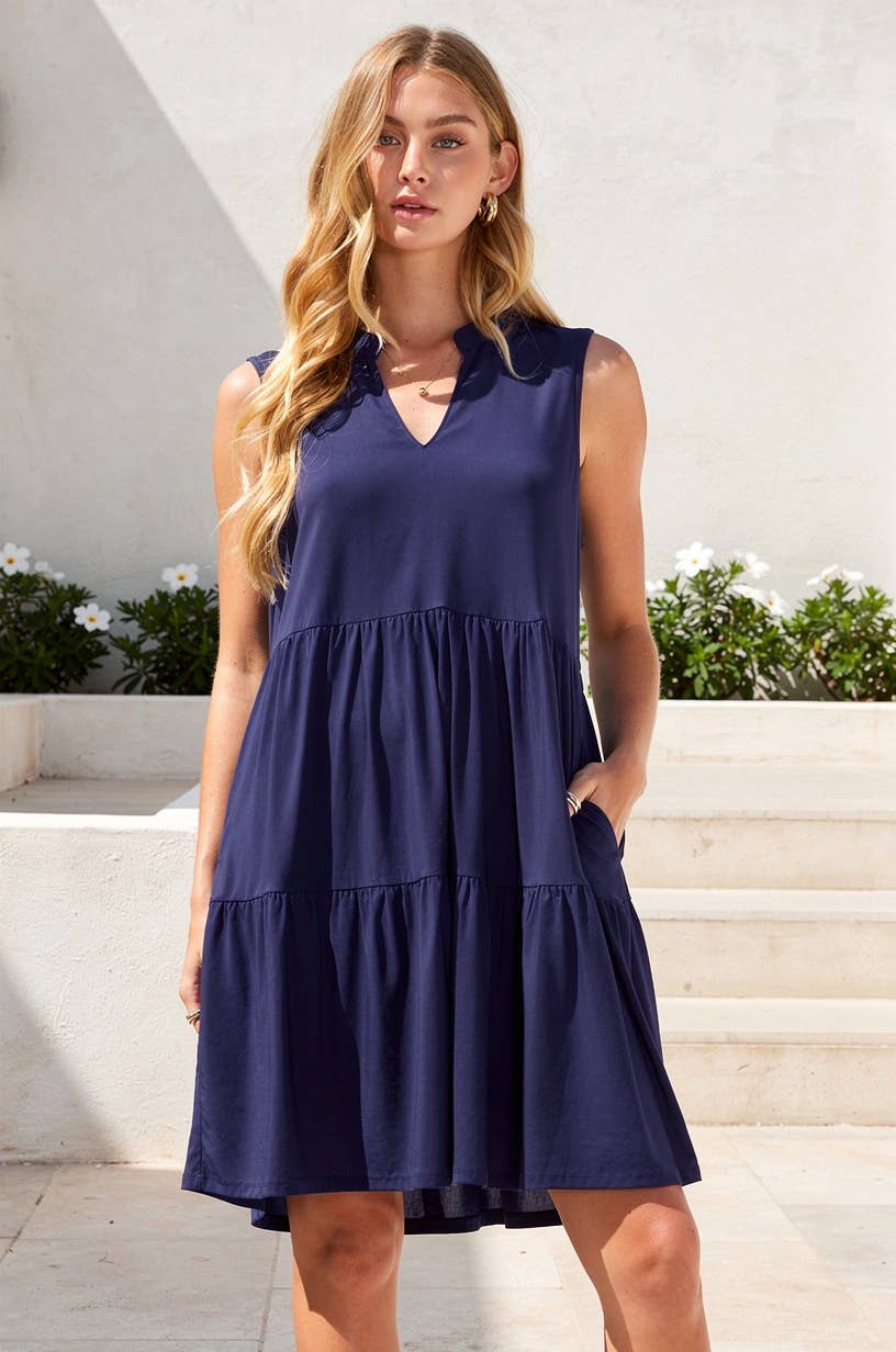 Wrinkle-Free Tiered Lizzy Dress: Navy