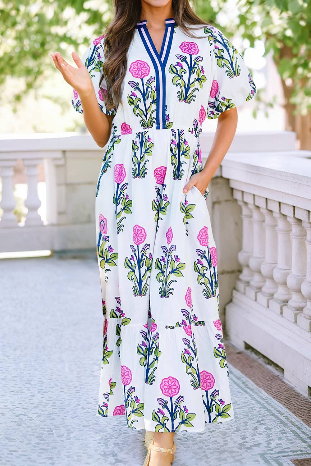 Floral Puff Short Sleeve V Neck High Waist Maxi Dress: White