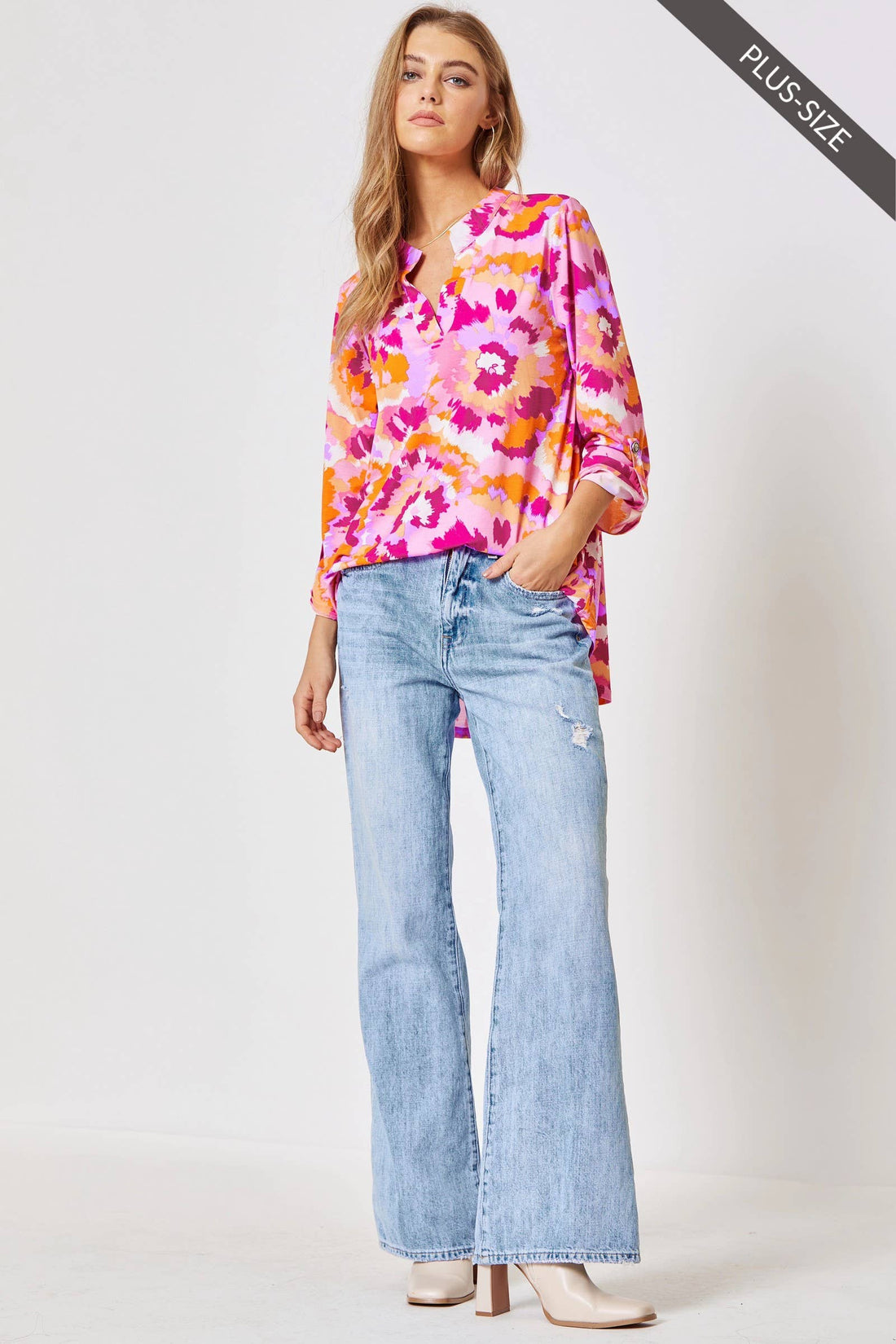 Lizzy 3/4 Floral Wrinkle Free Top: Pink