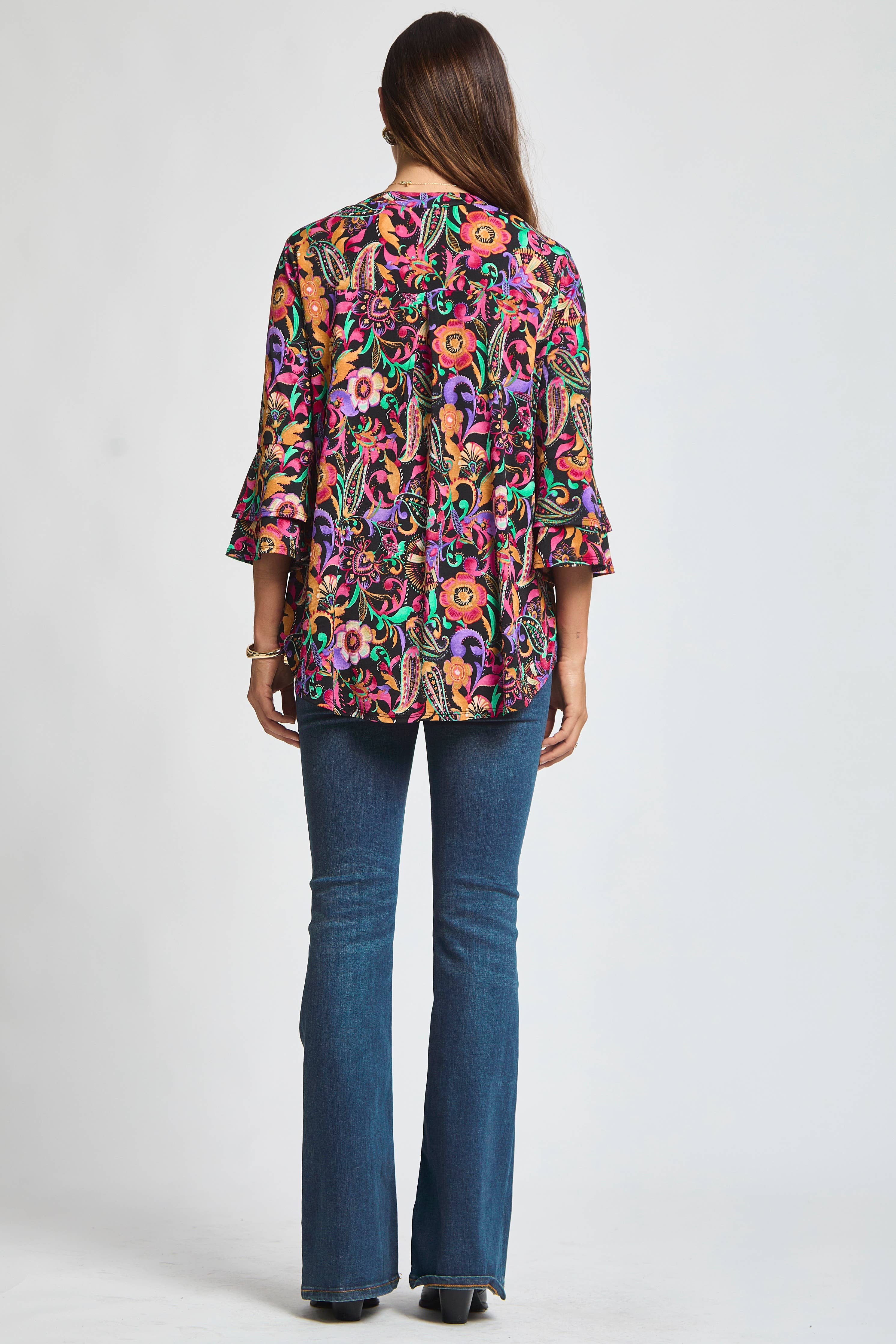 Colorful Bell Sleeved Lizzy Top: Black