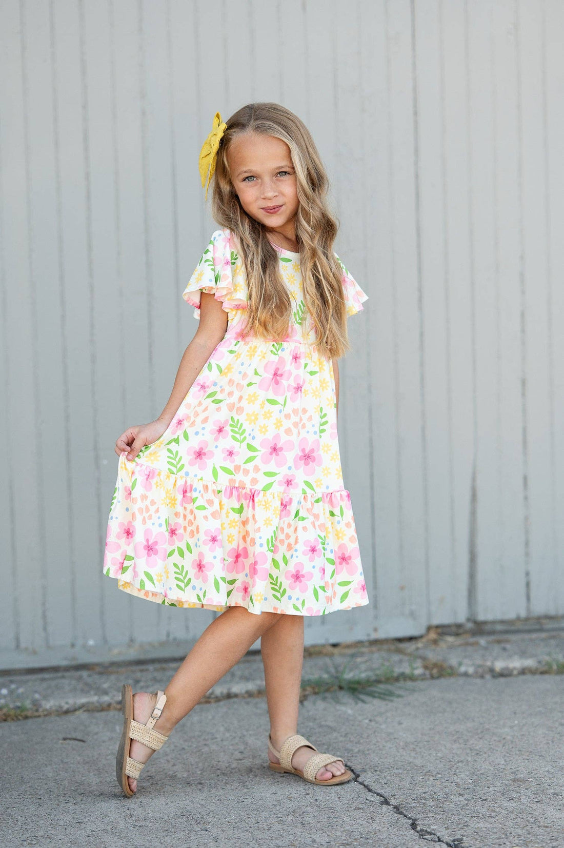 Girls Emma Dainty Spring Floral Flutter Sleeve Twirl Dress