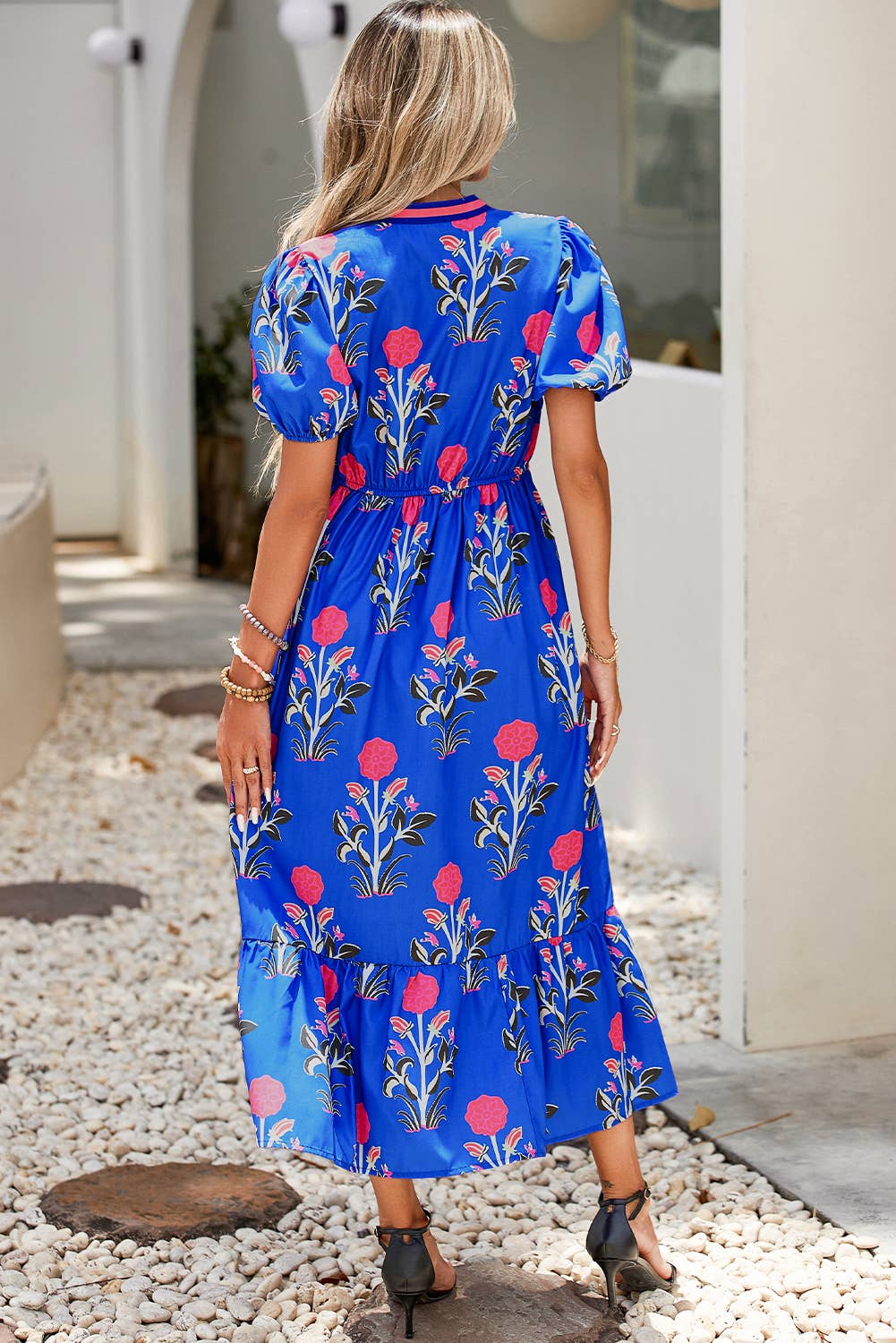 Floral Puff Short Sleeve V Neck High Waist Maxi Dress: Sky Blue