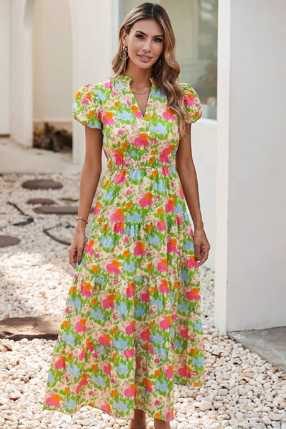 Spring Floral Print V Neck Short Puff Sleeve Maxi Dress