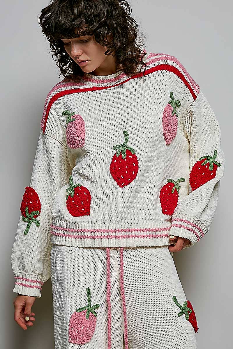 Strawberry Stripe Ribbed Knit Sweater