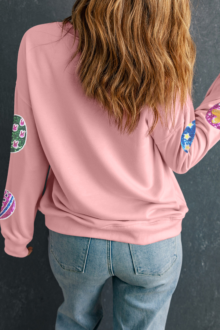 Sequined Easter Egg Patched Pullover Sweatshirt: Pink