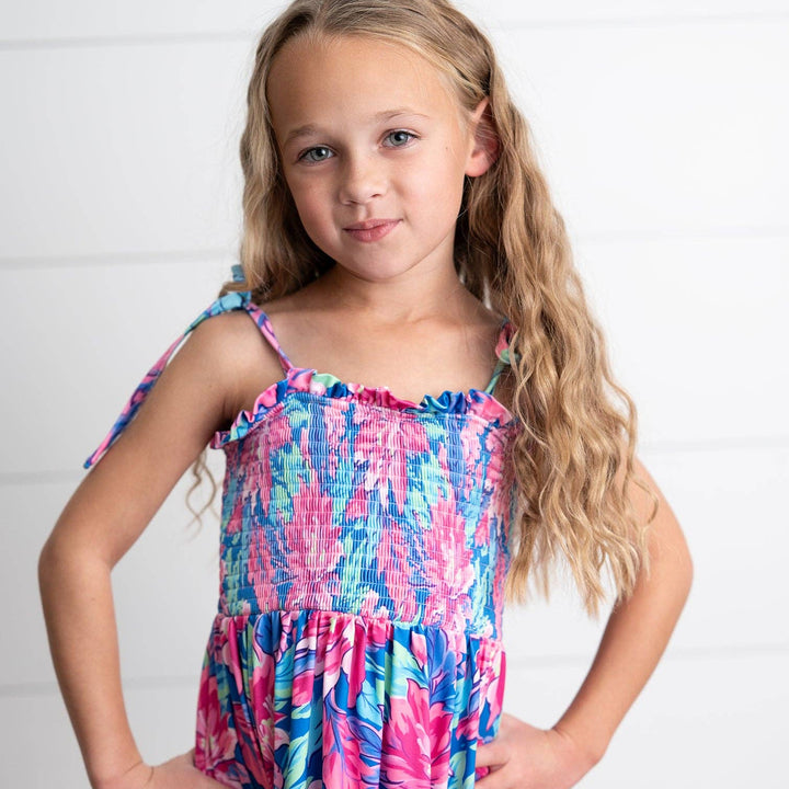 Girls Hot Pink Hawaiian Tropical Tiered Spring Maxi Dress
