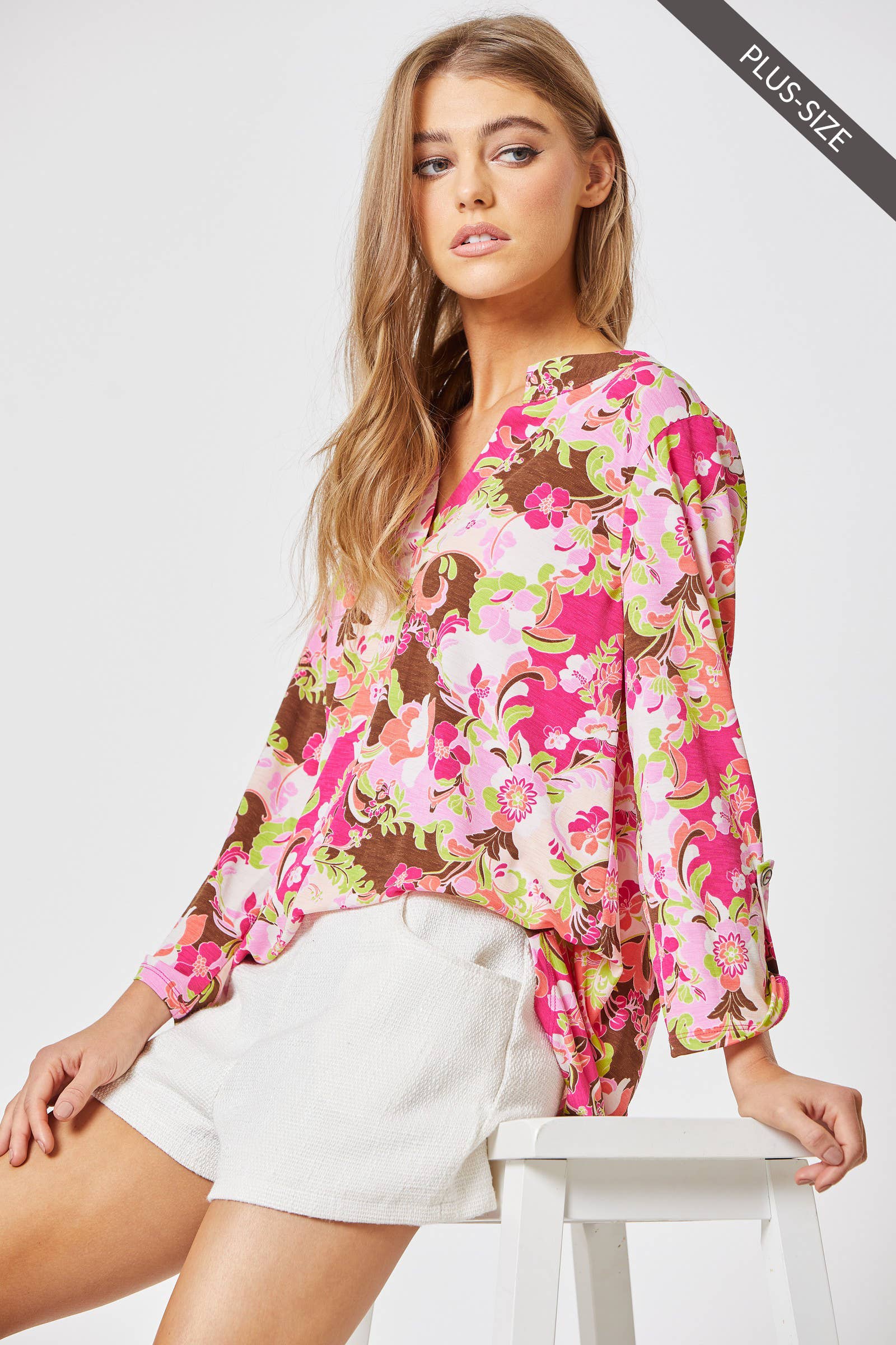 PLUS SIZE 3/4 Sleeve LIZZY Wrinkle Free Top: HOT PINK