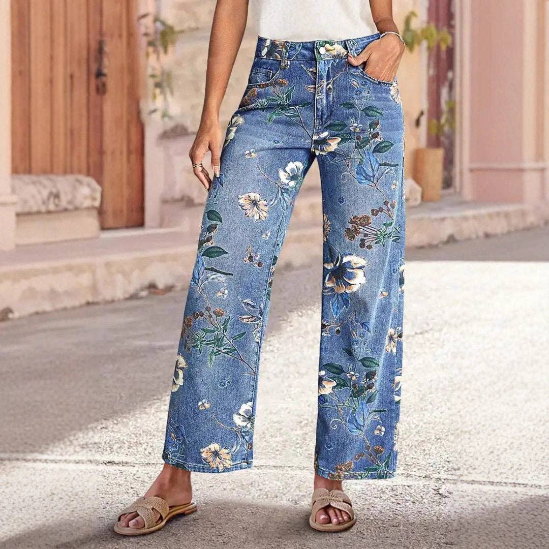 Floral Print High Waist Straight Leg Jeans: LIGHT BLUE