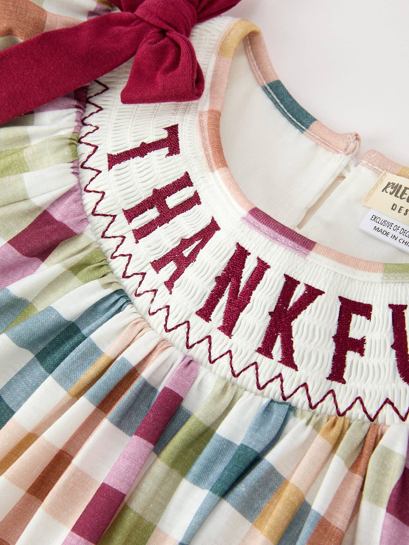 “THANKFUL” Embroidered Smocked Plaid Dress