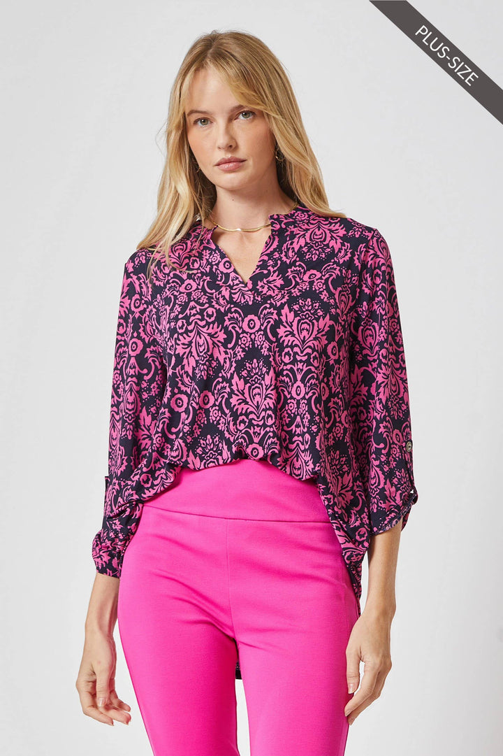 3/4 Sleeve LIZZY MEDALLION Wrinkle Free Blouse: Navy
