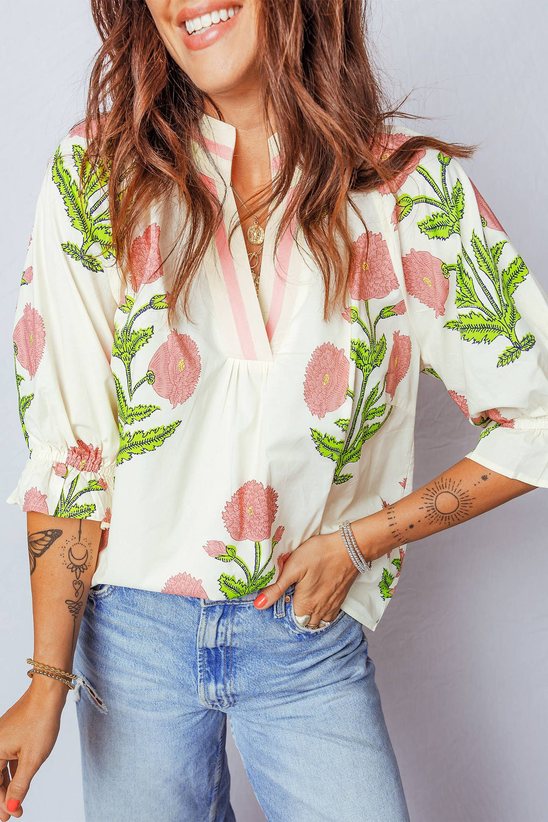 Spring Wild Flower Print V Neck 3/4 Sleeve Blouse, Pink