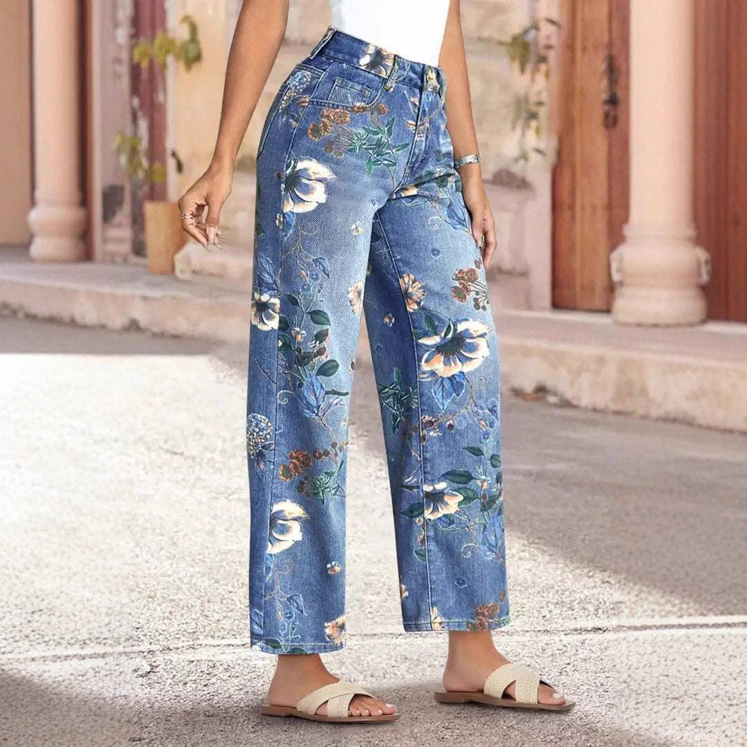 Floral Print High Waist Straight Leg Jeans: LIGHT BLUE