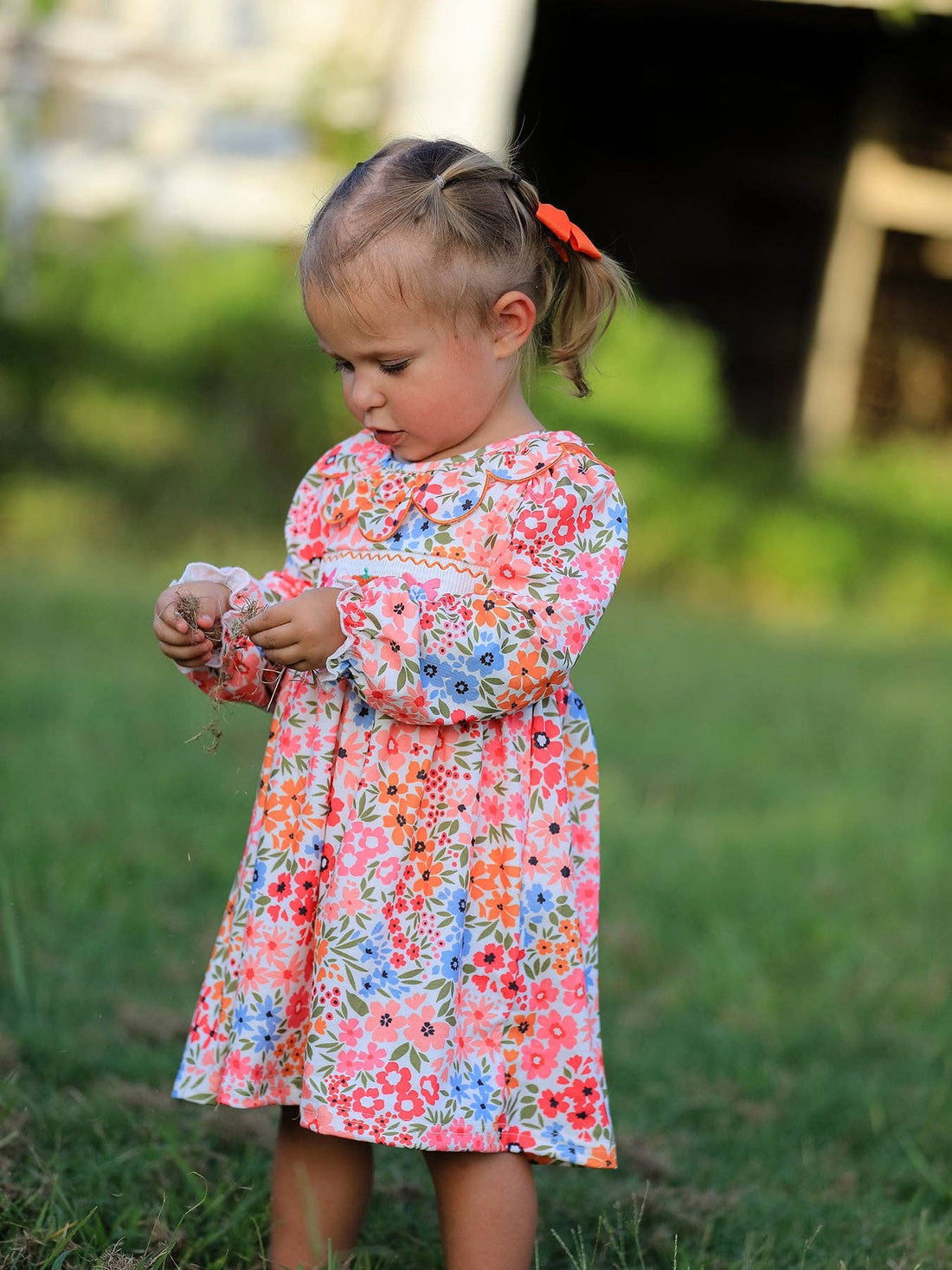 Pumpkin Bow Smocked Floral Dress