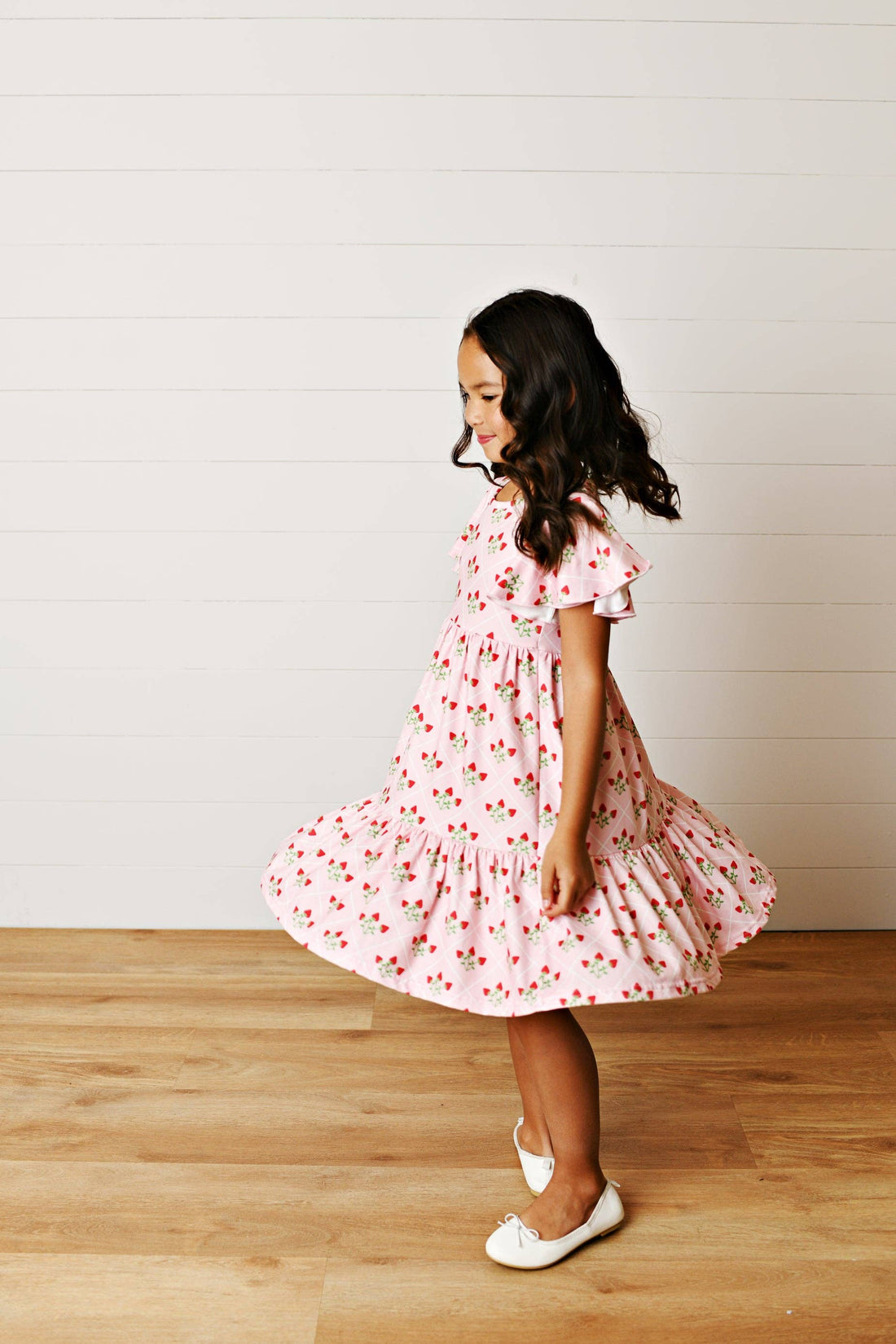 Kids Emmy Pink Strawberry Flutter Sleeve Twirl Spring Dress