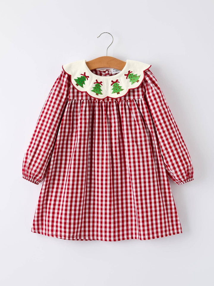 Christmas Embroidered Christmas Tree Plaid Dress