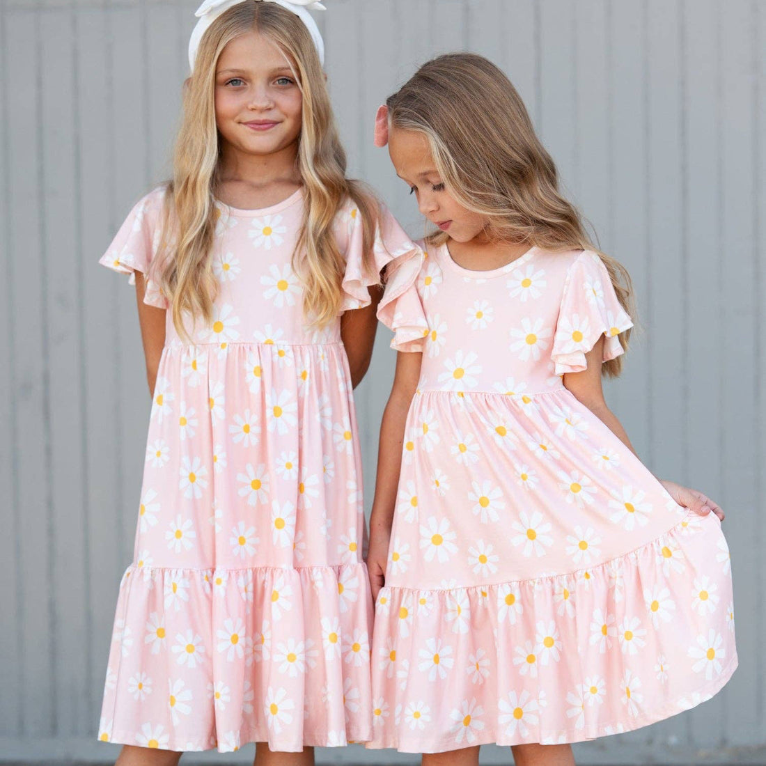 Girls Emma Pink Spring Daisy Flutter Sleeve Twirl Dress