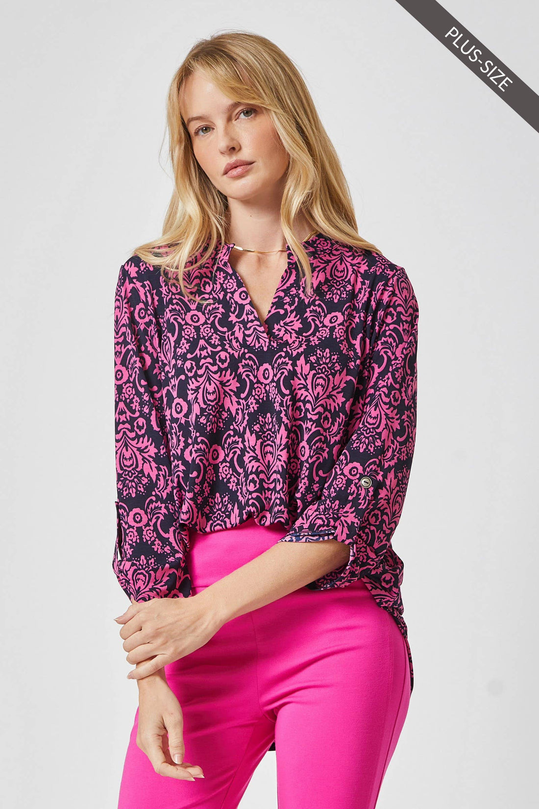 3/4 Sleeve LIZZY MEDALLION Wrinkle Free Blouse: Navy