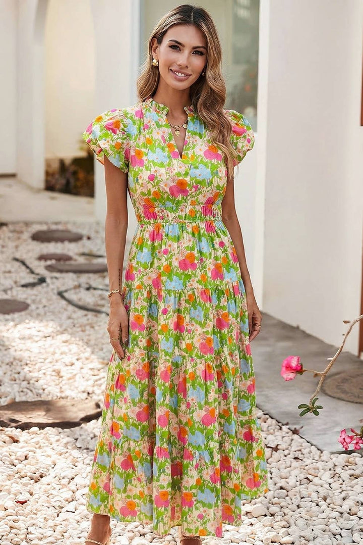 Spring Floral Print V Neck Short Puff Sleeve Maxi Dress