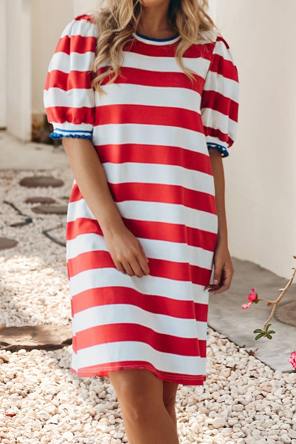 Stripe Contrast Round Neck Puff Sleeve Shift Dress, Red Stripe
