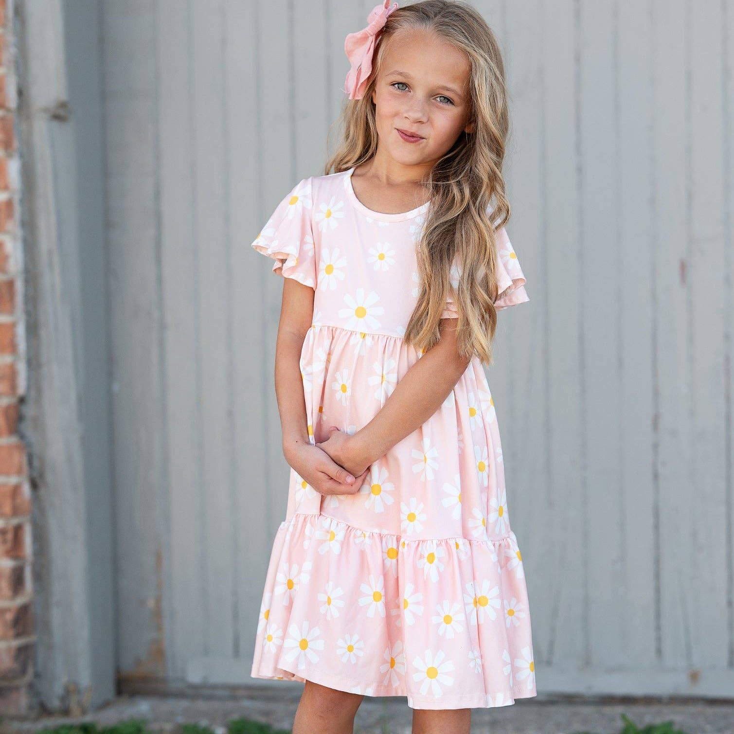 Girls Emma Pink Spring Daisy Flutter Sleeve Twirl Dress