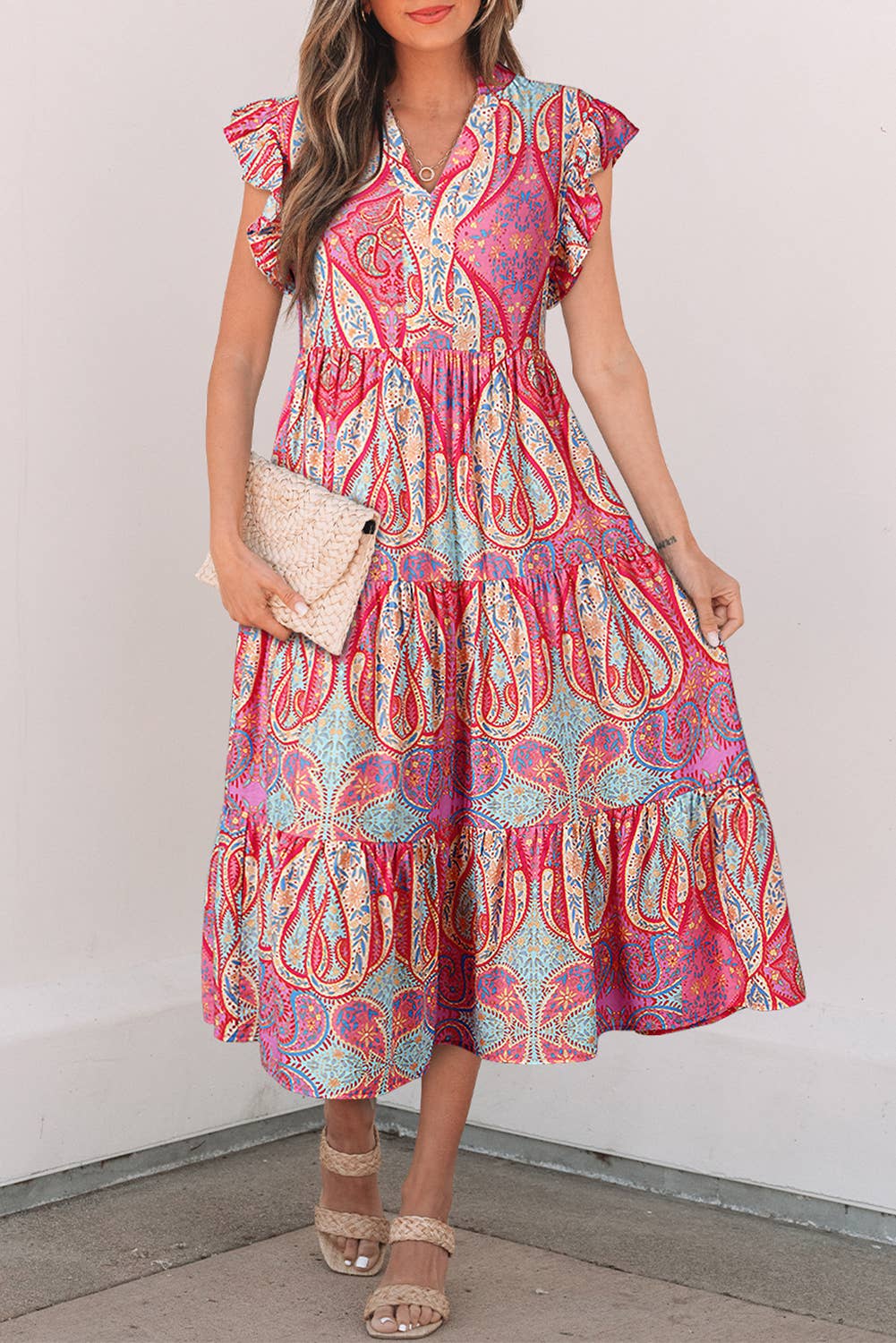 Tribal Paisley Print Ruffled Sleeve Notch Neck Dress