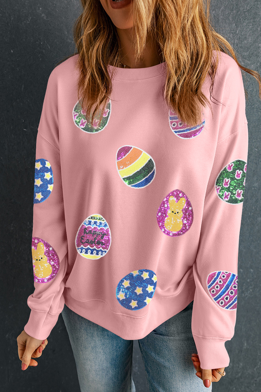Sequined Easter Egg Patched Pullover Sweatshirt: Pink