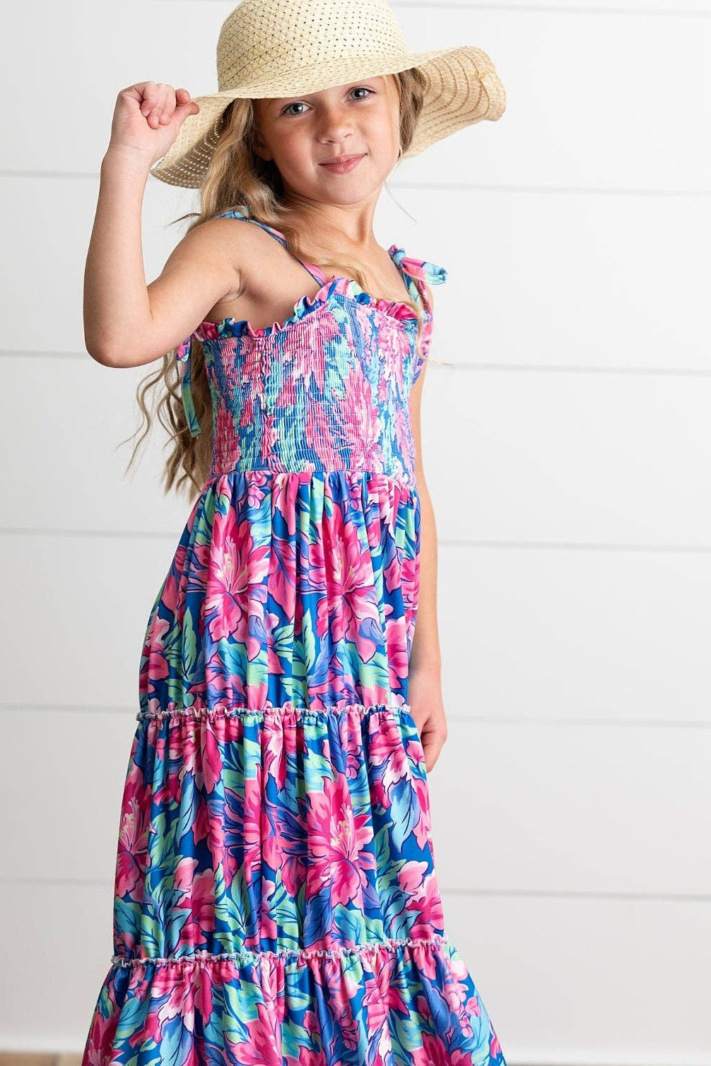 Girls Hot Pink Hawaiian Tropical Tiered Spring Maxi Dress