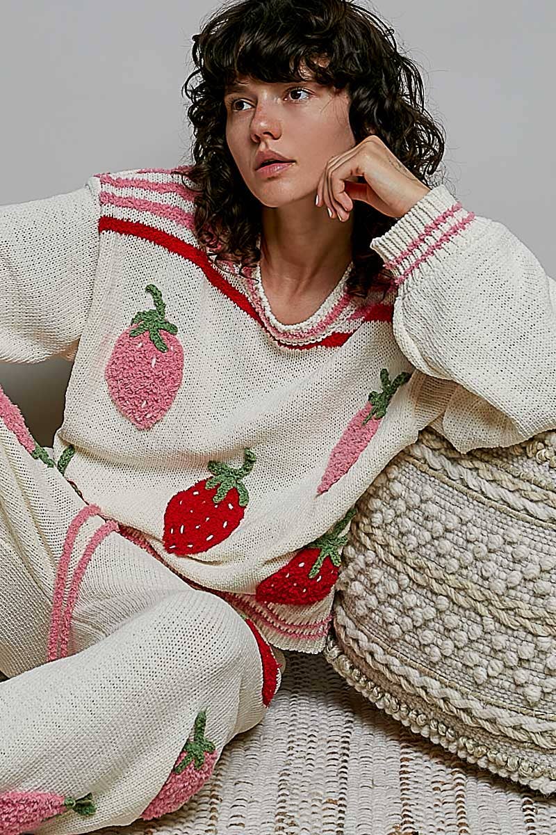 Strawberry Stripe Ribbed Knit Sweater