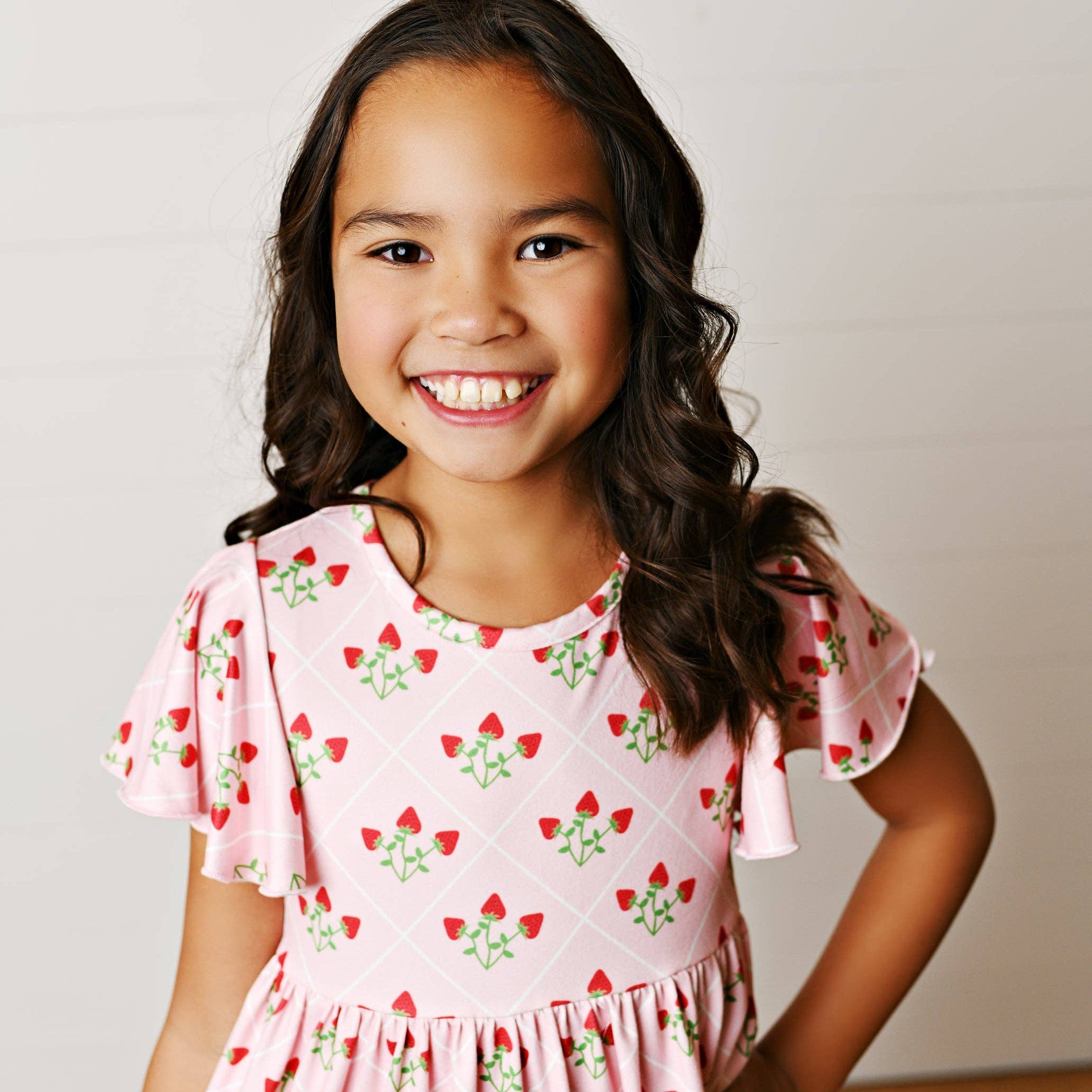 Kids Emmy Pink Strawberry Flutter Sleeve Twirl Spring Dress