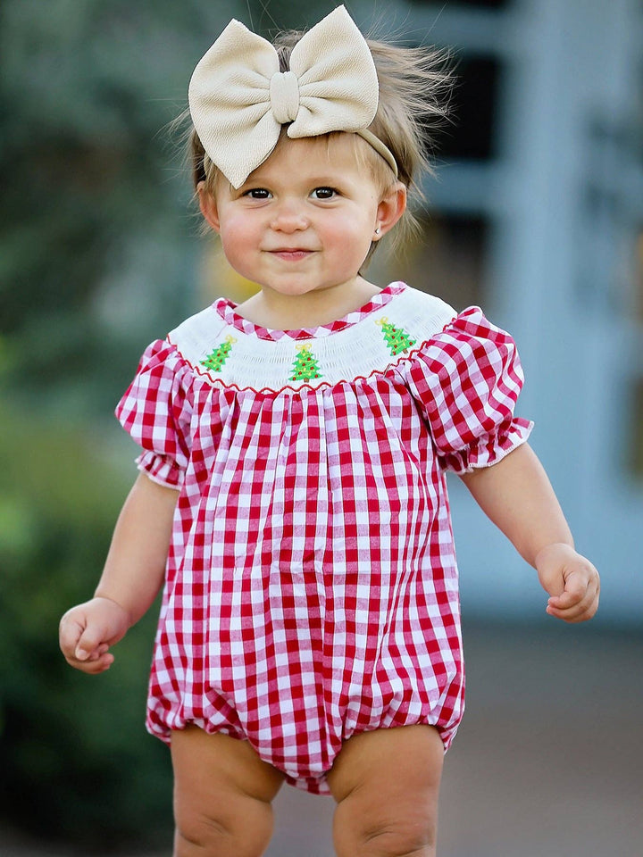 Christmas Tree Smocking Embroidered Romper