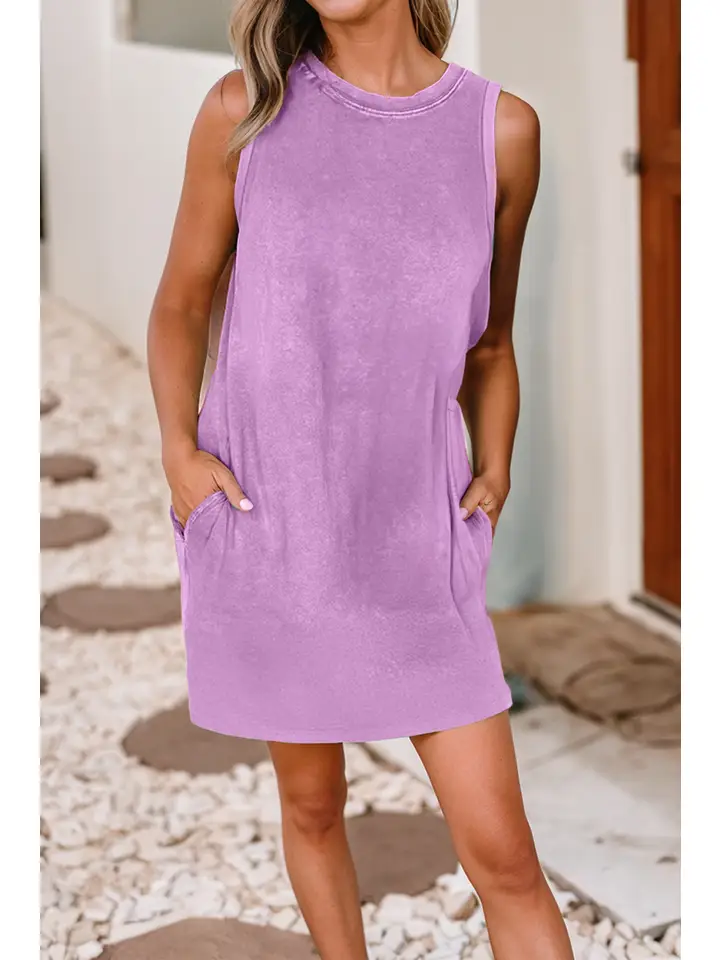 Mineral Wash Pocketed Short Tank Dress: Phalaenopsis