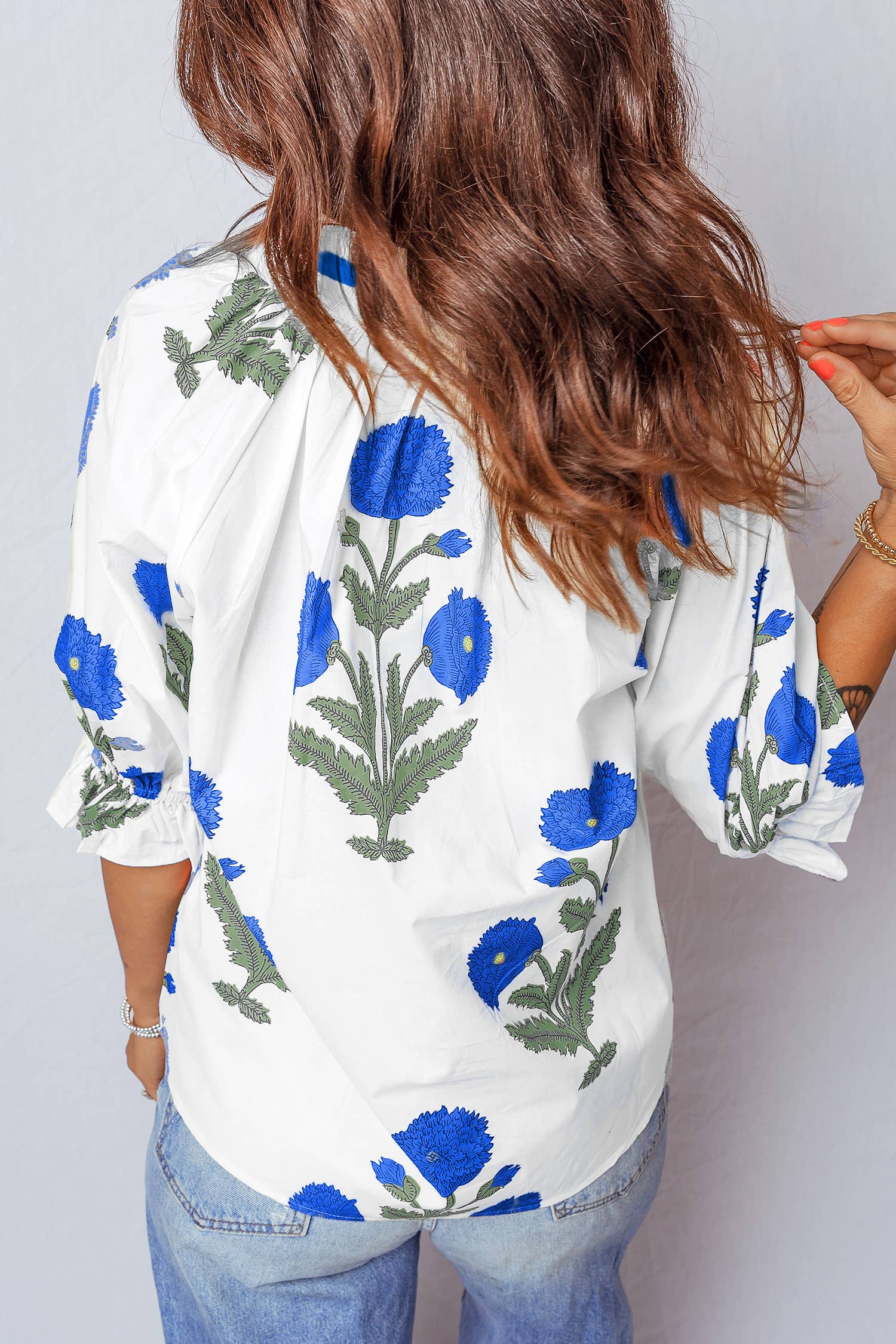 Spring Wild Flower Print V Neck 3/4 Sleeve Blouse, Sky Blue