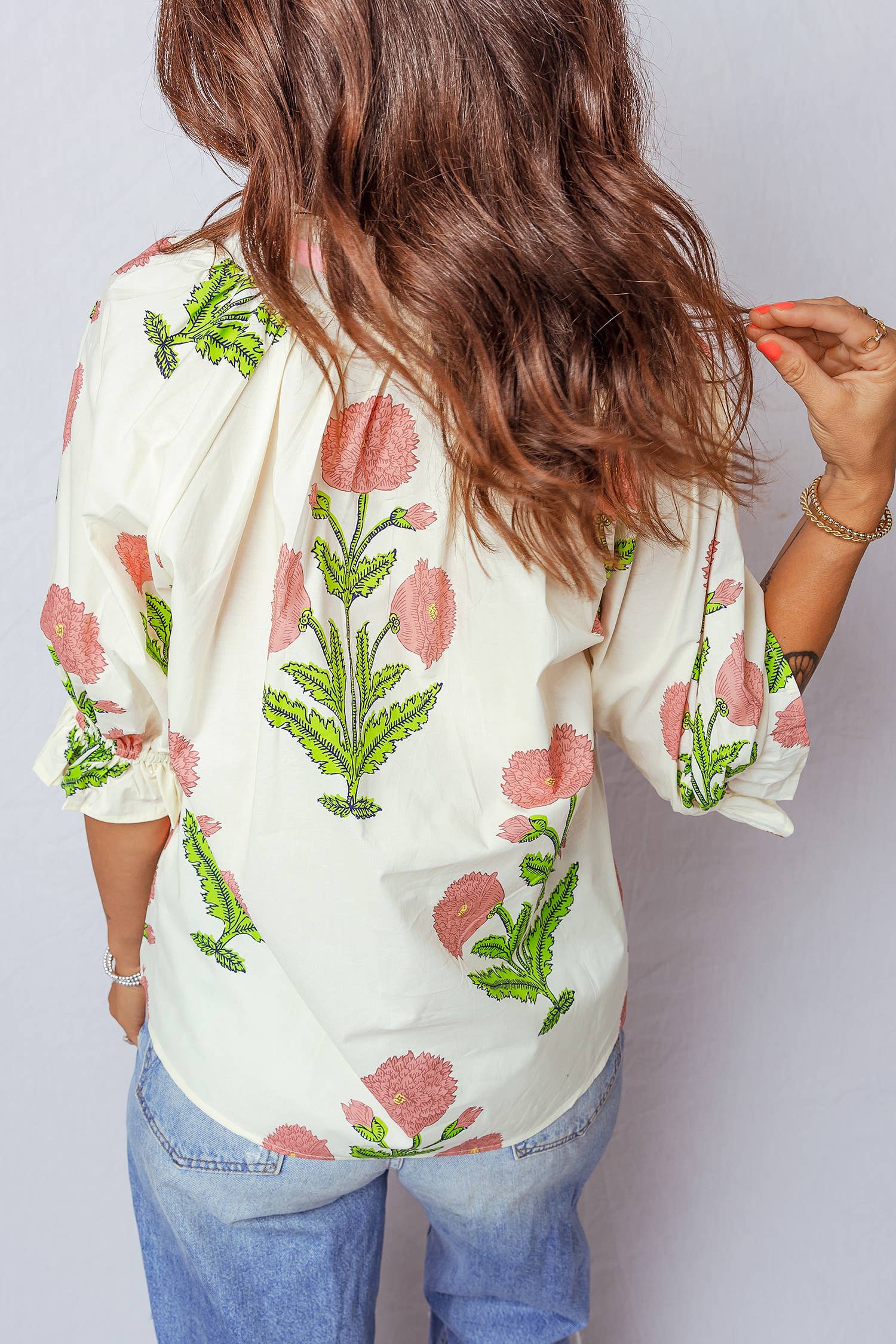 Spring Wild Flower Print V Neck 3/4 Sleeve Blouse, Pink
