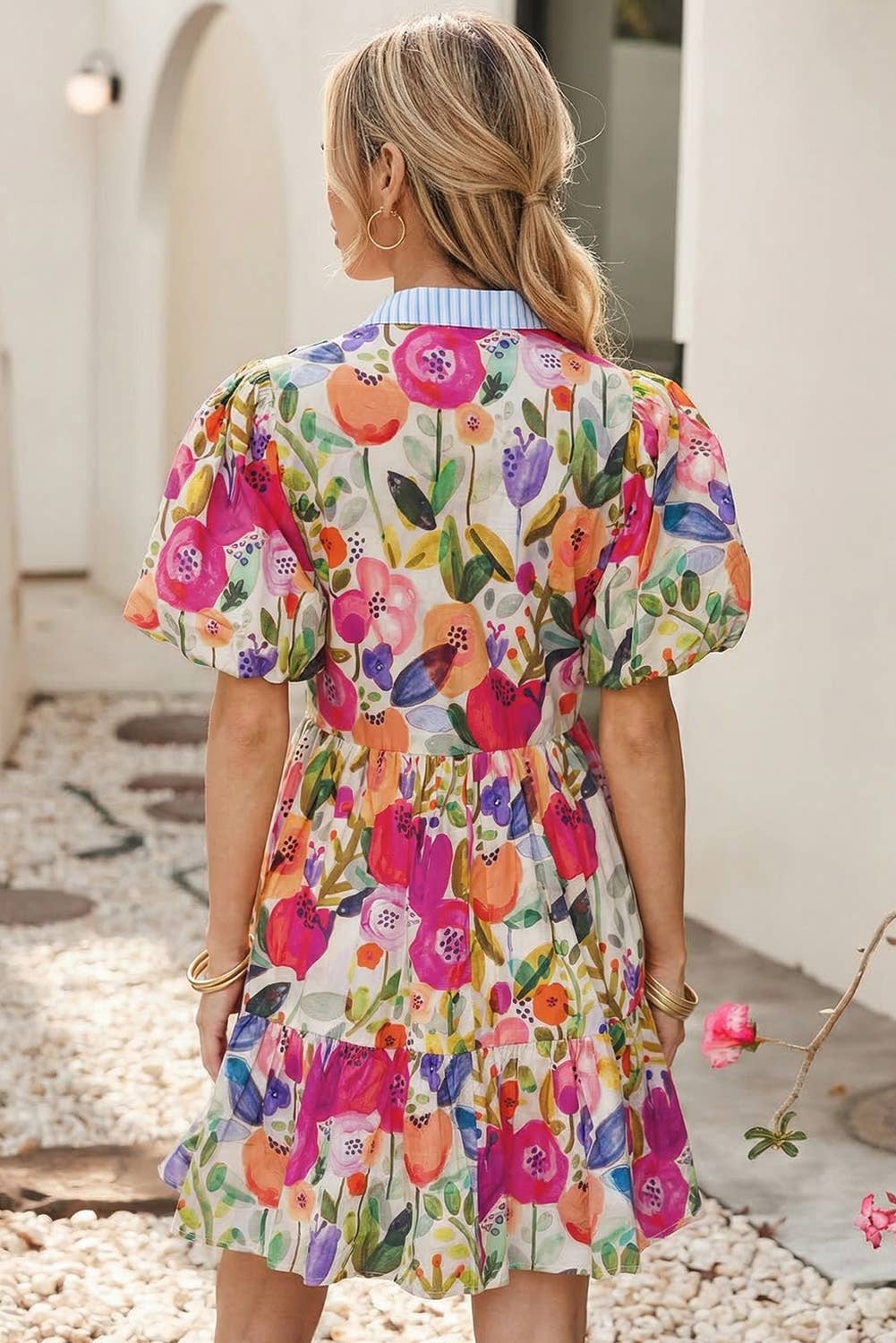 Floral Print Ricrac Trim Striped Patchwork V Neck Dres