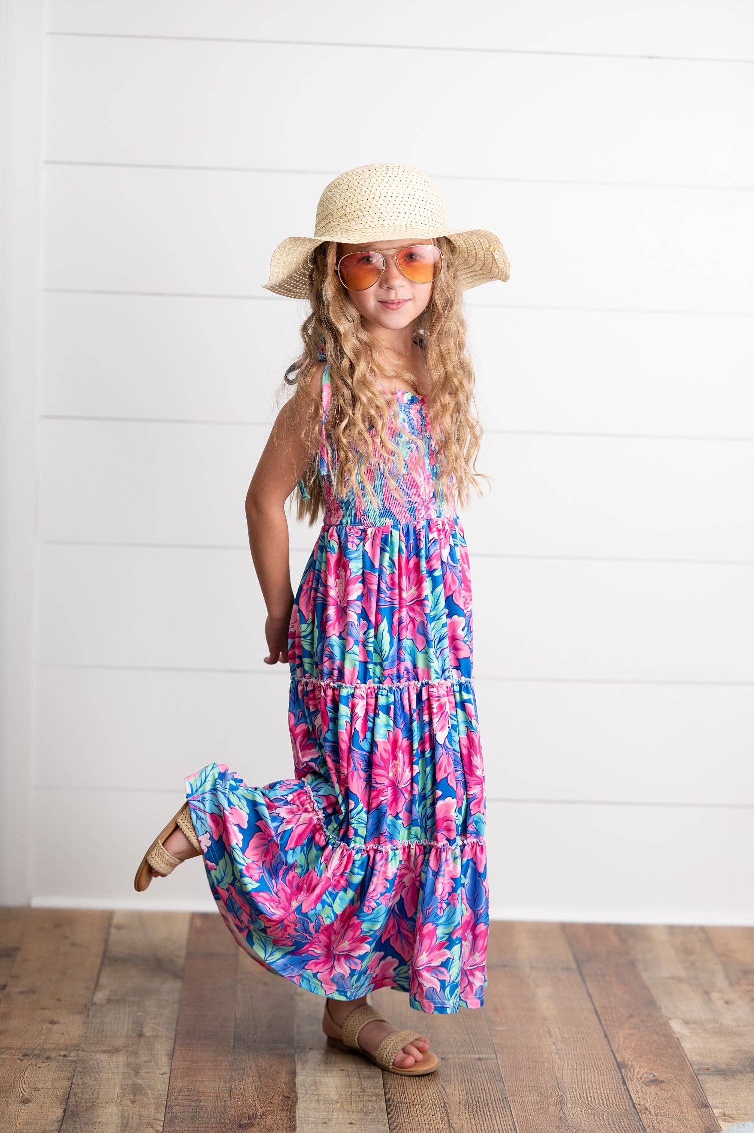 Girls Hot Pink Hawaiian Tropical Tiered Spring Maxi Dress