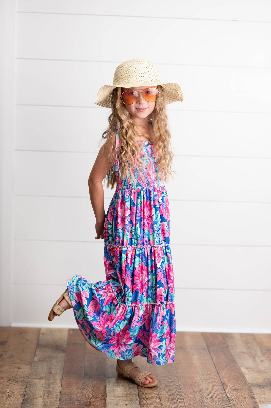 Girls Hot Pink Hawaiian Tropical Tiered Spring Maxi Dress