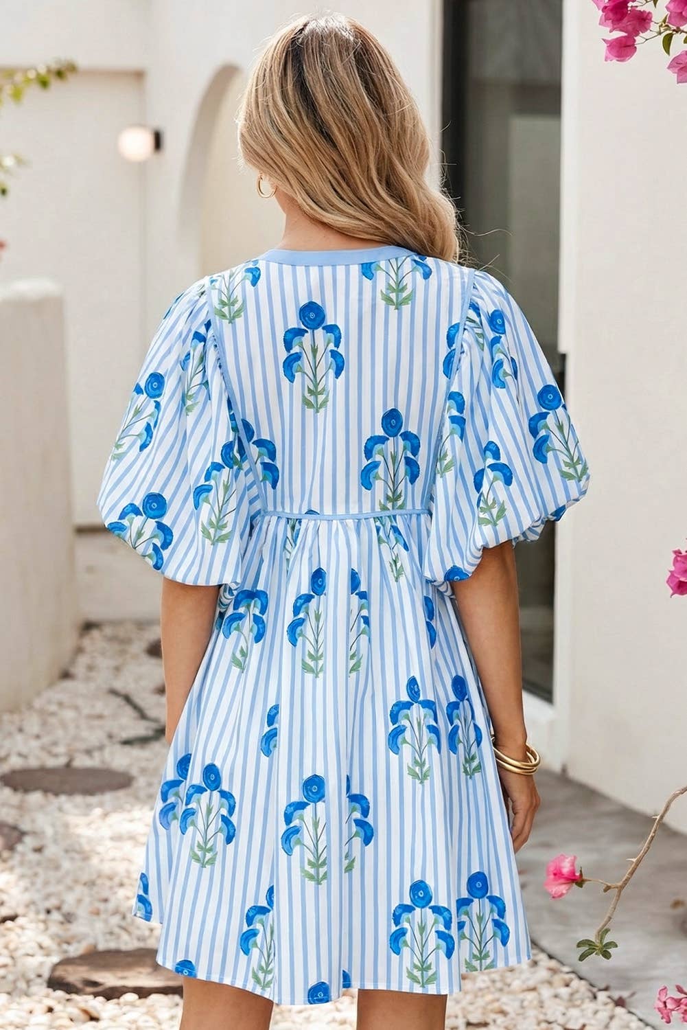 Floral Striped Puff Sleeve Flared Dress